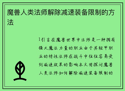 魔兽人类法师解除减速装备限制的方法
