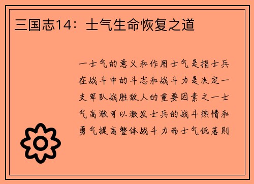 三国志14：士气生命恢复之道